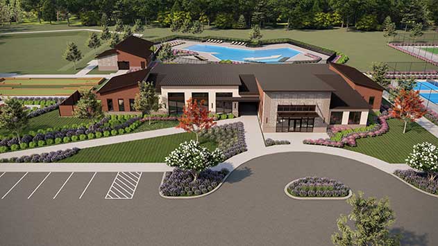 Freedom 55+ Active Adult Village Amenity Center Aerial View Rendering at Nexus Gallatin Tennessee